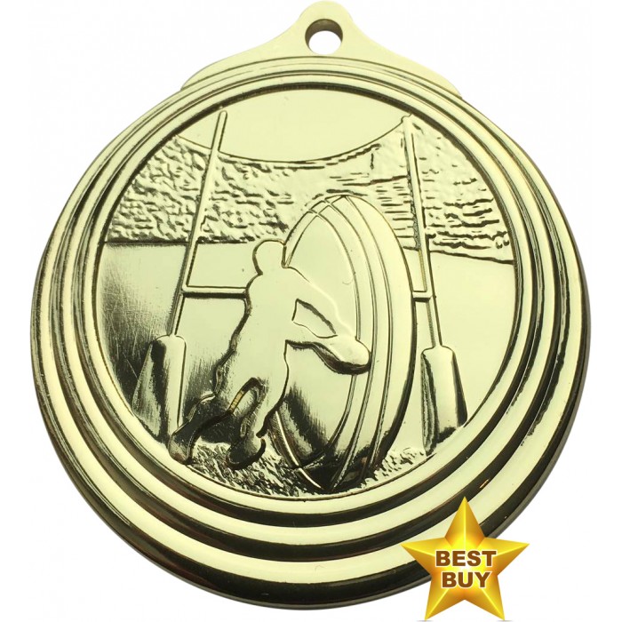 STAR BUY - 50MM GOLD RUGBY MEDAL 